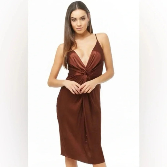 Forever 21 Contemporary Satin  Midi Dress | Brown | Size XS - Picture 1 of 9